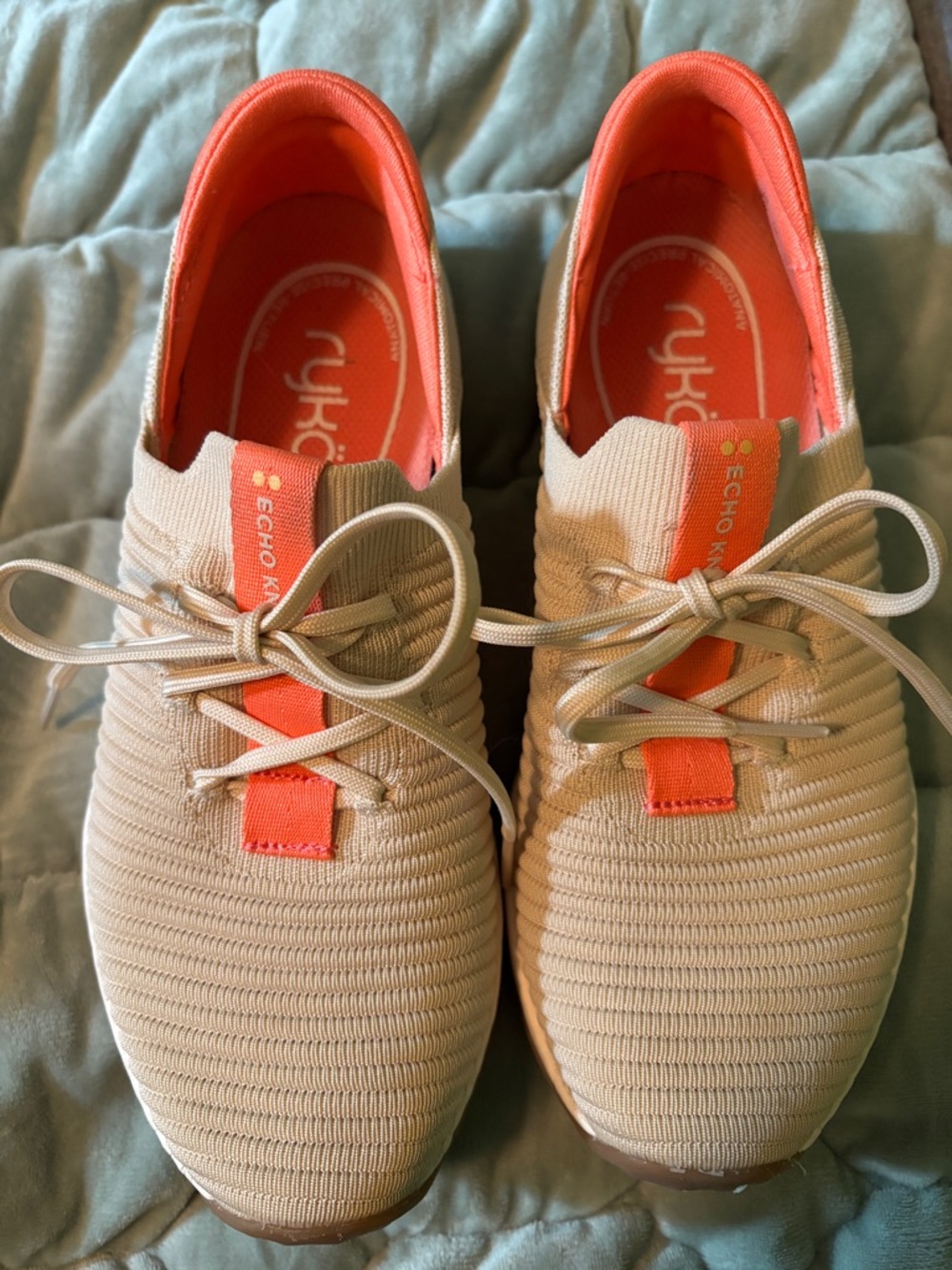 Ryka Echo Knit Slip-On Sneakers in Beige with Coral Accents